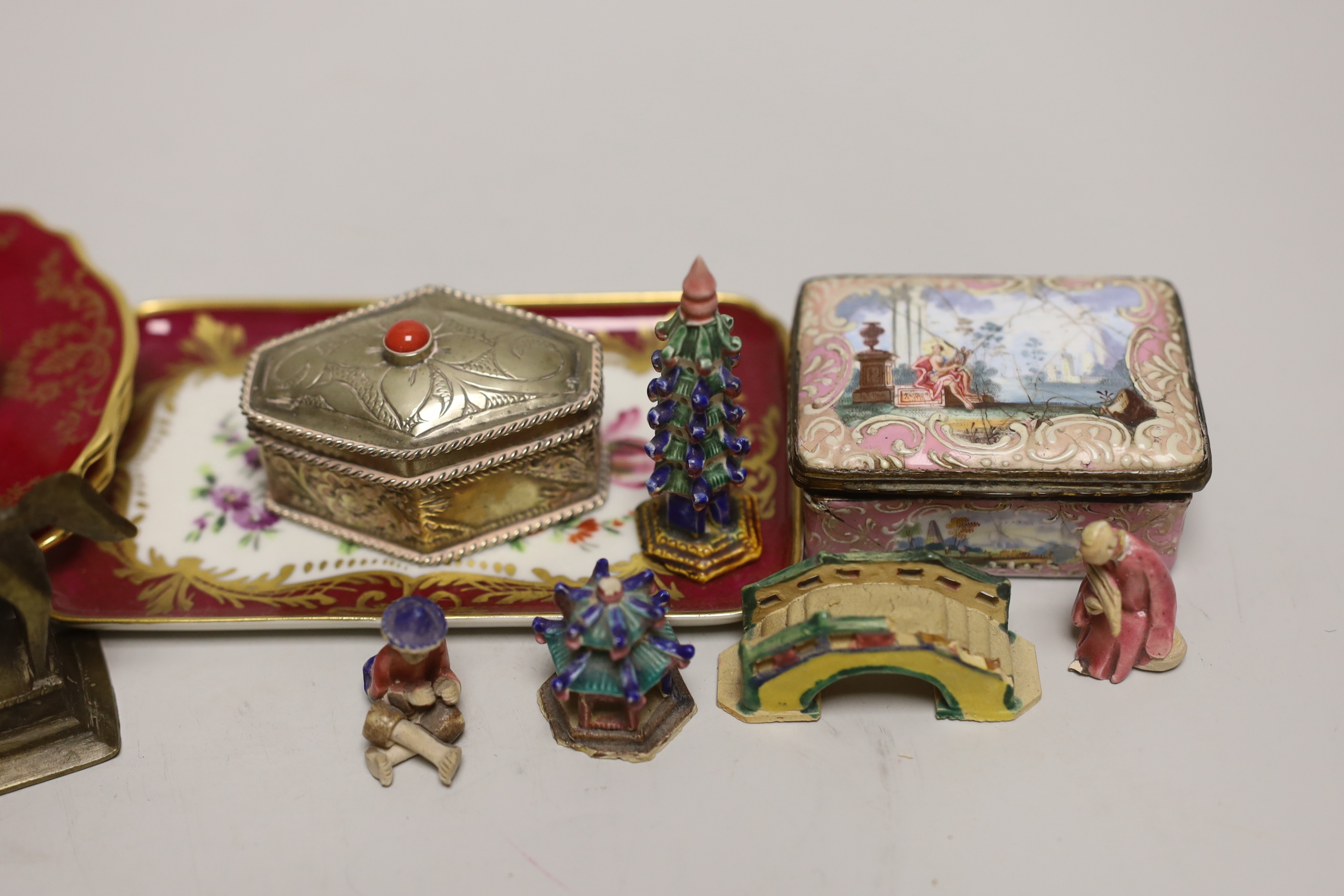 A 19th century enamel box, a Limoges pin tray and two miniature plates etc
